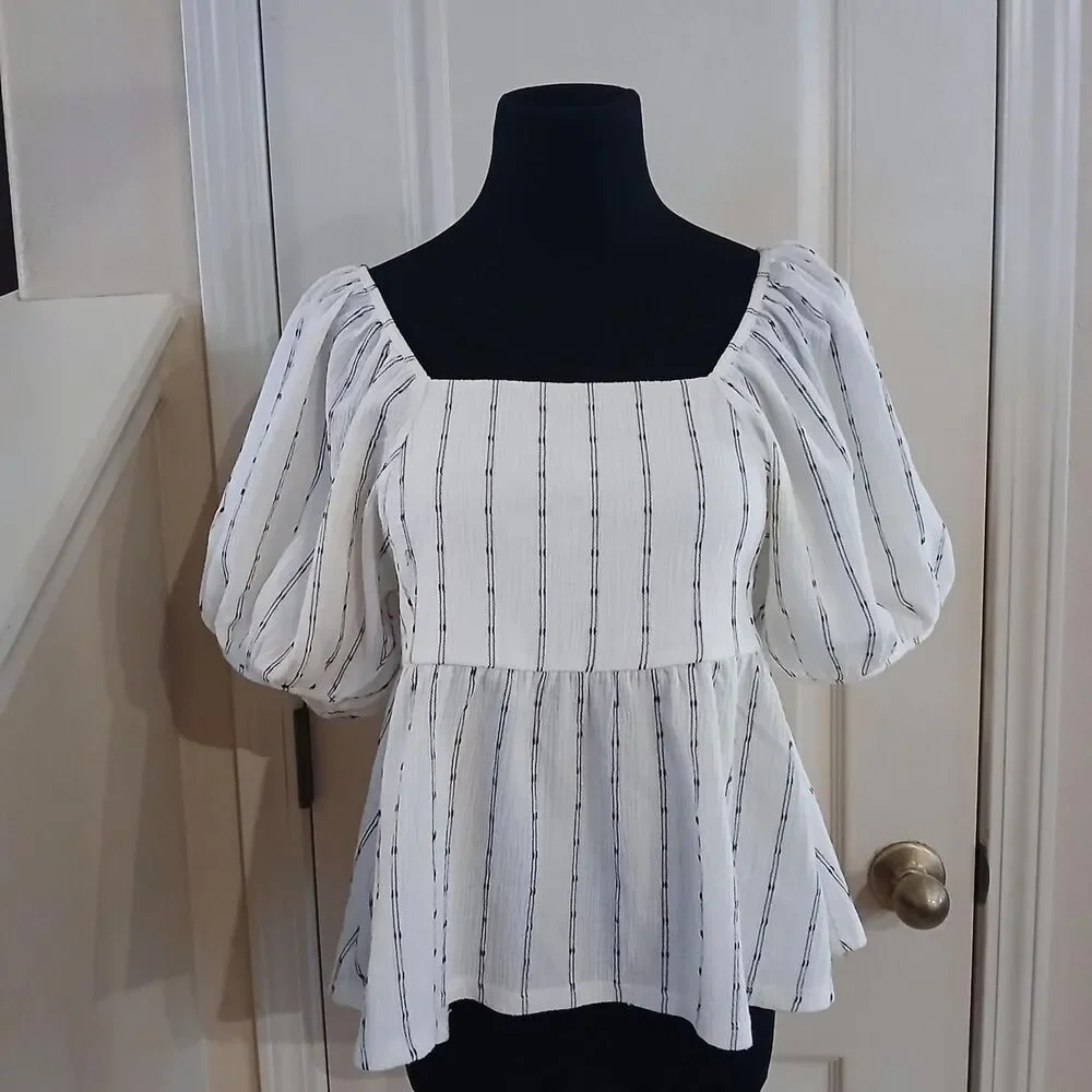 Madewell Knit-Right-In Dot Pattern Puff-Sleeve Top Square Neck Empire Waist S